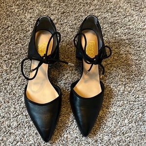 Franco Sarto Black leather with suede trim, tie heels